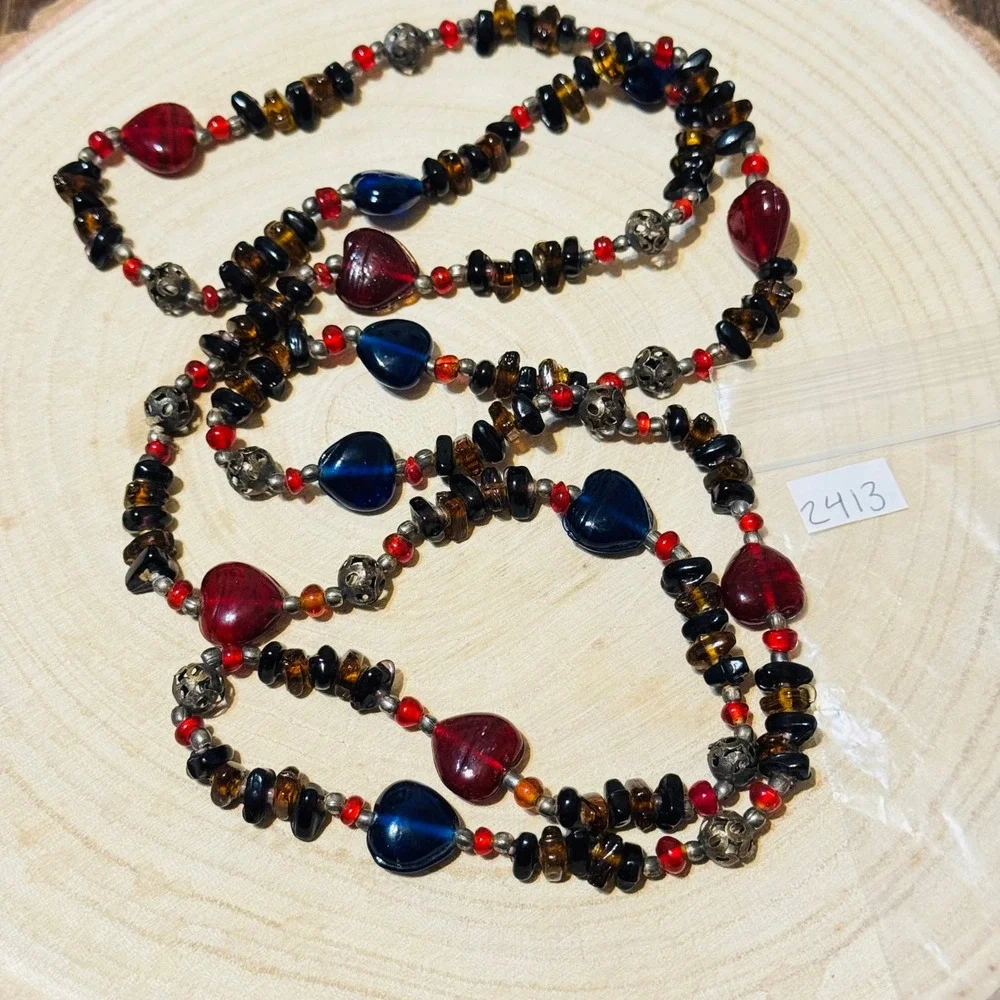 VTG BOHO Heart Necklace‎ colorful poured art Glass beads strand Statement 42
